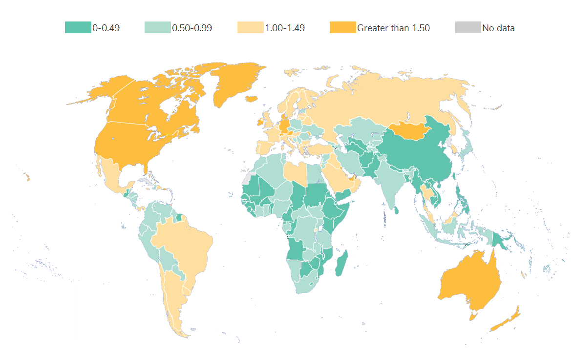 World map of annual municipal solid waste generated per capita (kilograms/capita/day)